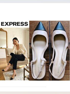 EXPRESS -  Classic, elegant tan and black cap toed pointed block heels